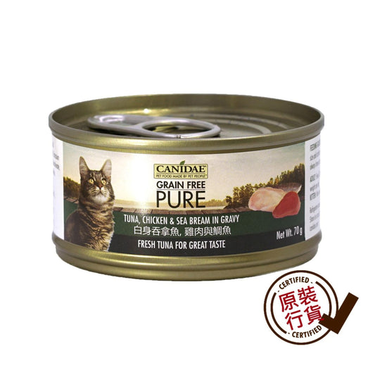 PURE 無穀物白身吞拿魚雞肉鯛魚貓罐頭 70g #6199