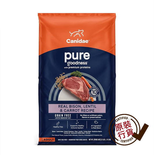 CANIDAE - PURE Grain-Free Adult Dry Dog Food - Bison, Lentils & Carrots Recipe 9.5kg  